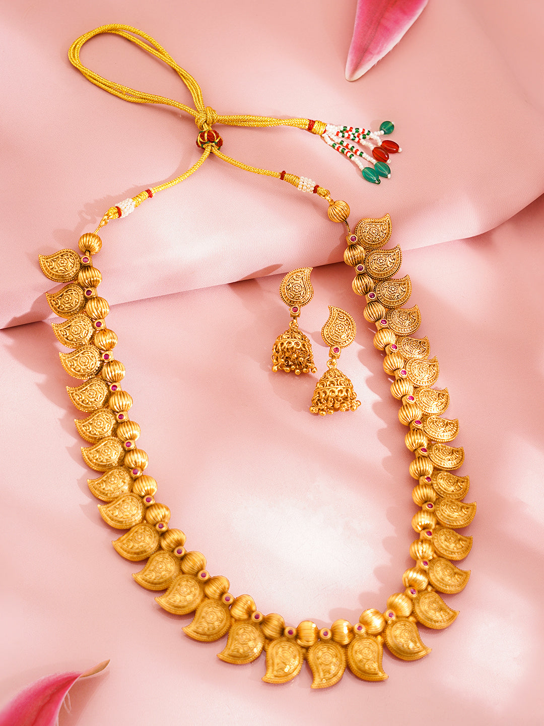 Rubans 18K Gold Plated Brass Gold Beaded Paisley Charm Long Necklace Set Length - NS:22 cm/E:5 cm