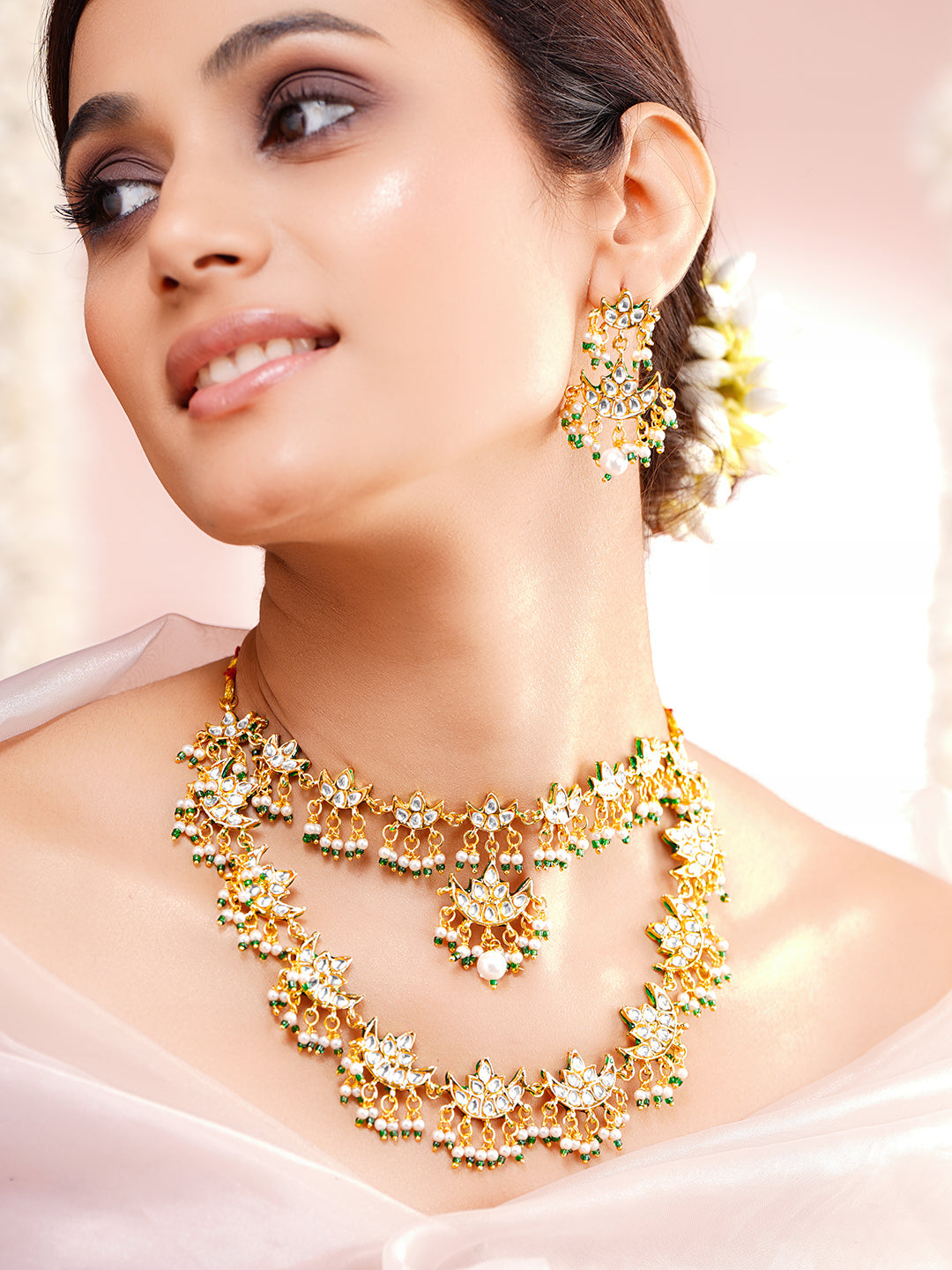 Traditional Kundan Pearl Statement Necklace Set フリーサイズ