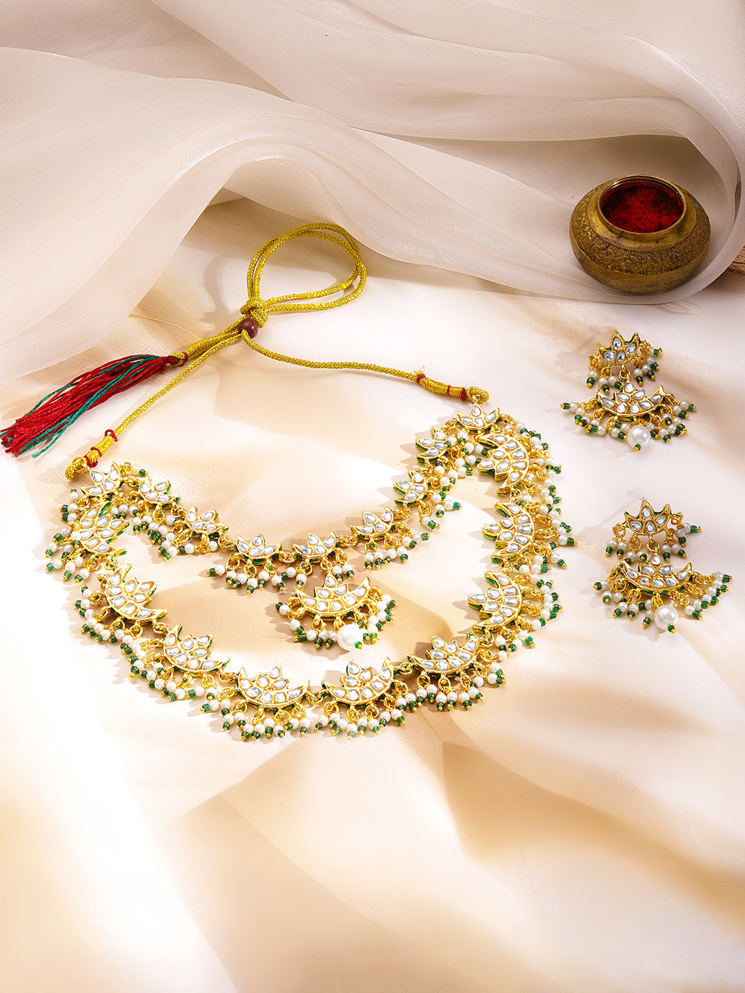Traditional Kundan Pearl Statement Necklace Set フリーサイズ