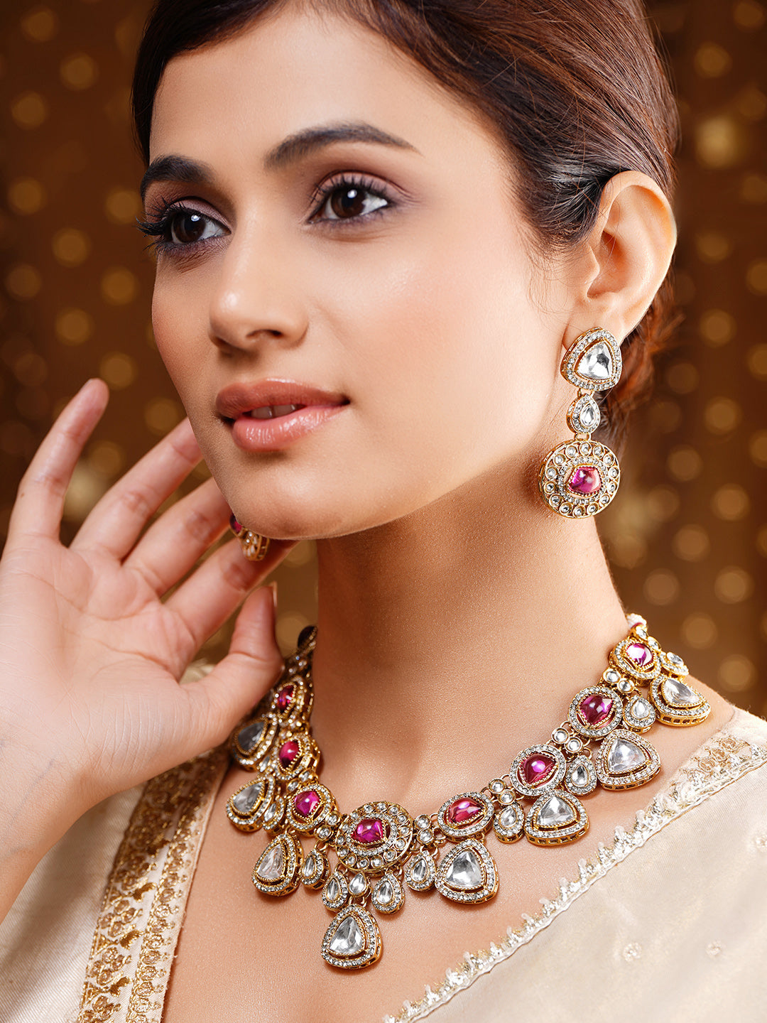 Luxury Magenta Kundan Bridal Necklace Set フリーサイズ