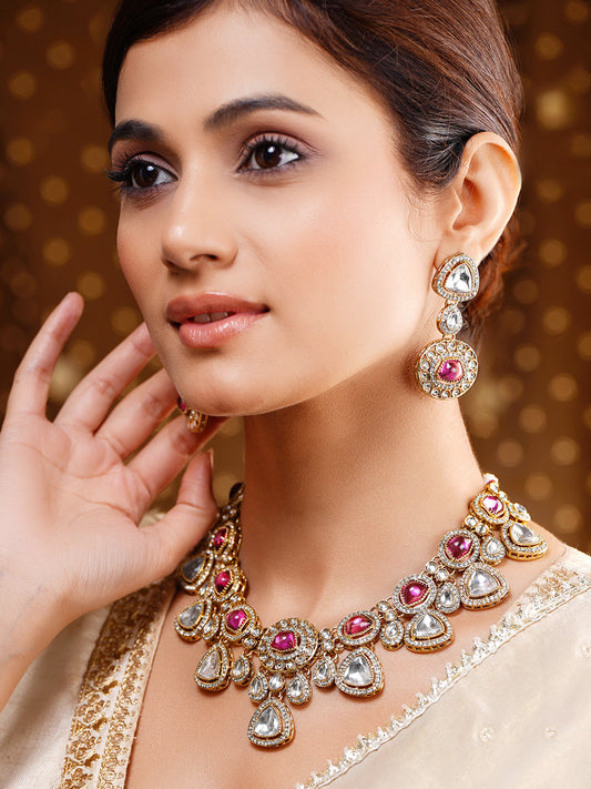 Luxury Magenta Kundan Bridal Necklace Set フリーサイズ