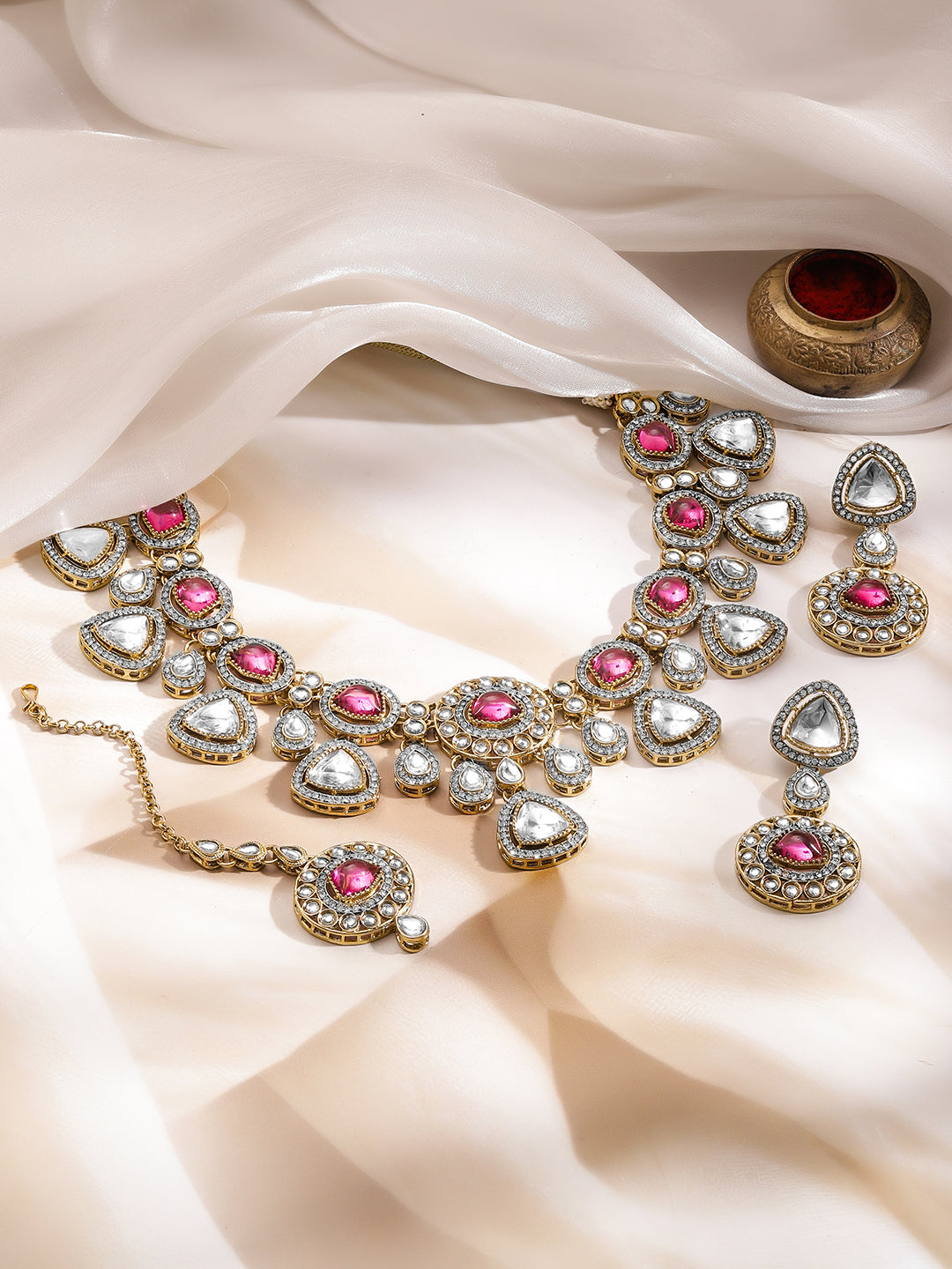 Luxury Magenta Kundan Bridal Necklace Set フリーサイズ