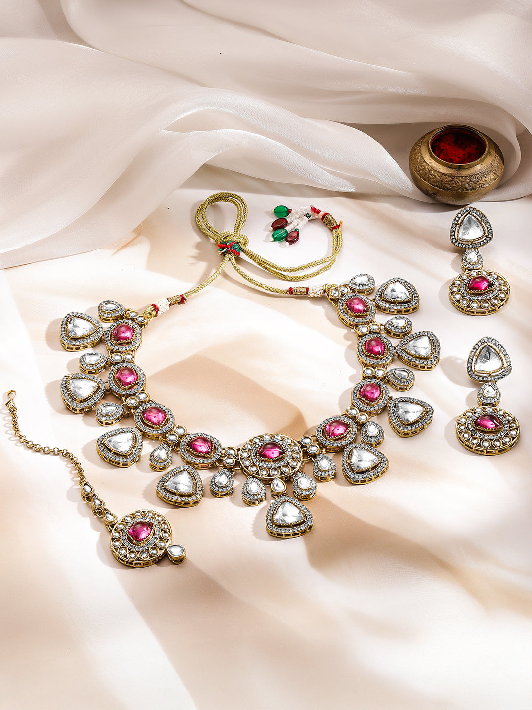 Luxury Magenta Kundan Bridal Necklace Set フリーサイズ