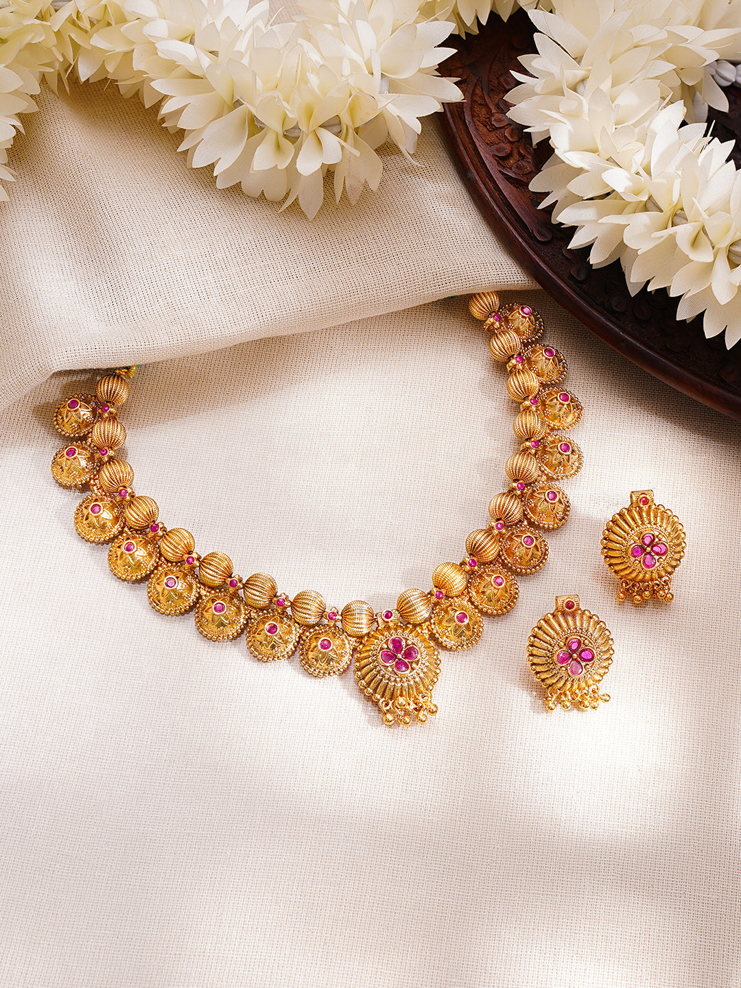 【Rubans】 Gold Plated Floral Choker Necklace Set｜ゴールドメッキ フローラル チョーカー ネックレスセット