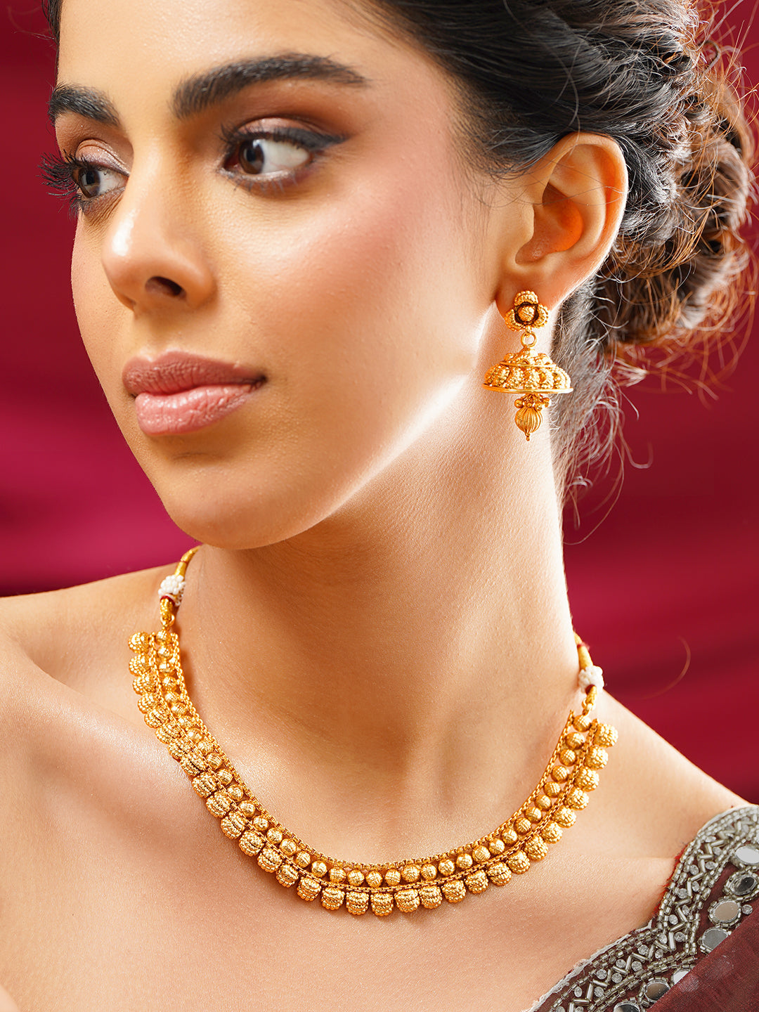 【Rubans】 Gold Plated Traditional Round Bead Necklace Set with Jhumkas｜ゴールドメッキ トラディショナル ラウンドビーズ ネックレスセット（ジュムカ付き）