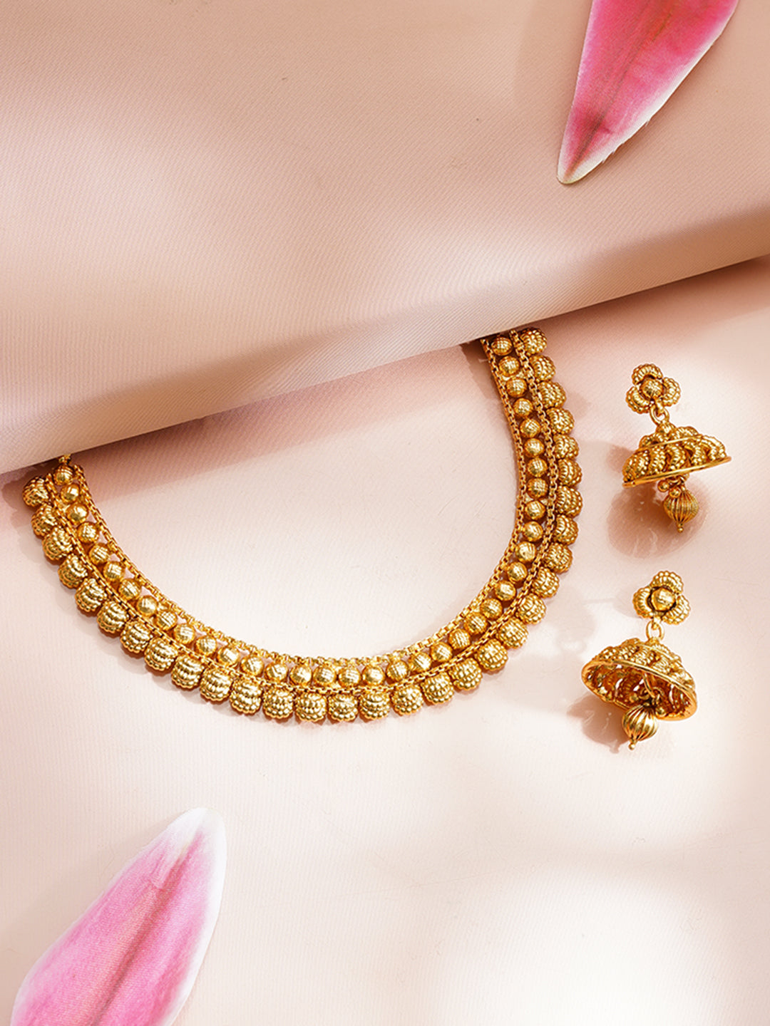 【Rubans】 Gold Plated Traditional Round Bead Necklace Set with Jhumkas｜ゴールドメッキ トラディショナル ラウンドビーズ ネックレスセット（ジュムカ付き）