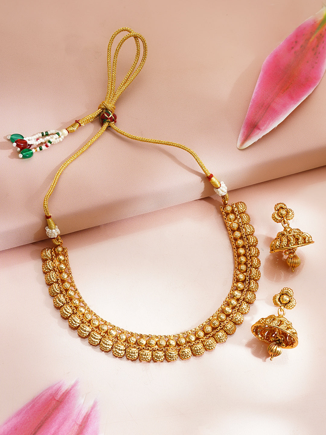 【Rubans】 Gold Plated Traditional Round Bead Necklace Set with Jhumkas｜ゴールドメッキ トラディショナル ラウンドビーズ ネックレスセット（ジュムカ付き）