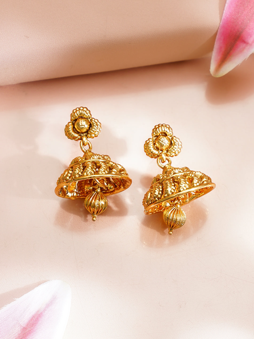 【Rubans】 Gold Plated Traditional Round Bead Necklace Set with Jhumkas｜ゴールドメッキ トラディショナル ラウンドビーズ ネックレスセット（ジュムカ付き）