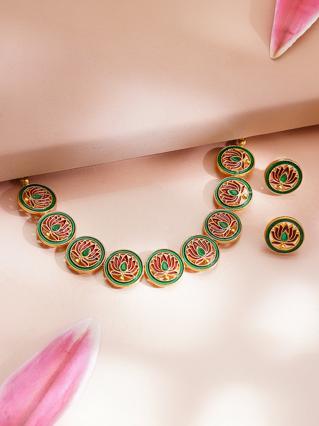 【Rubans】 Gold Plated Lotus Motif Round Necklace Set｜ゴールドメッキ ロータスモチーフ ラウンド ネックレスセット