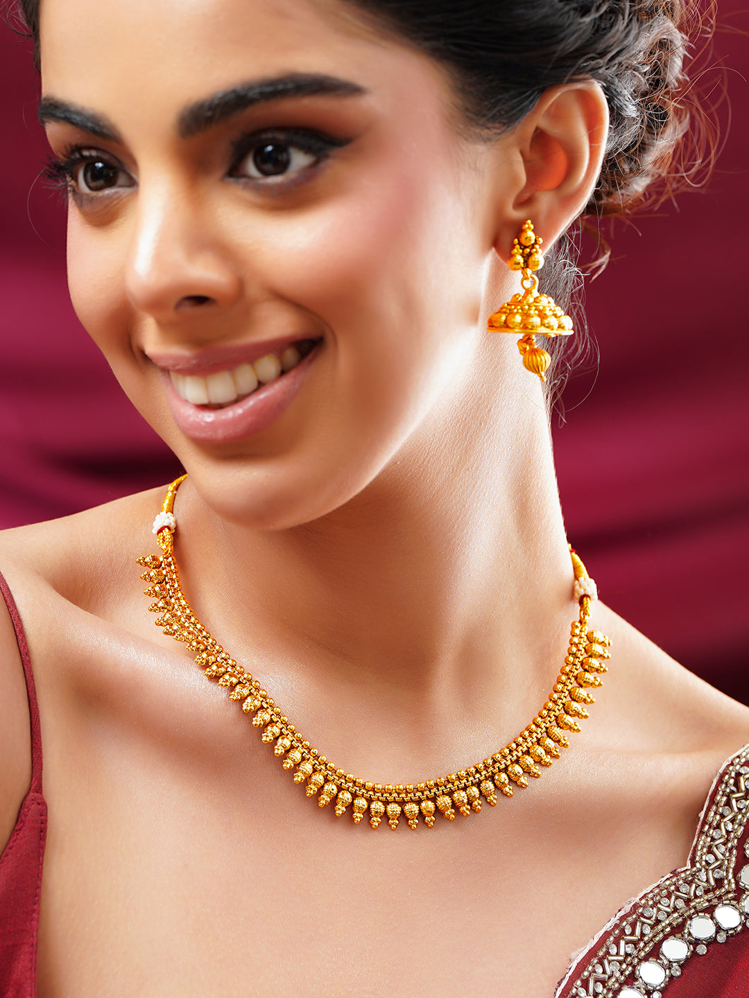 【Rubans】 Gold Plated Traditional Drop Bead Necklace Set with Jhumkas｜ゴールドメッキ トラディショナル ドロップビーズ ネックレスセット（ジュムカ付き）