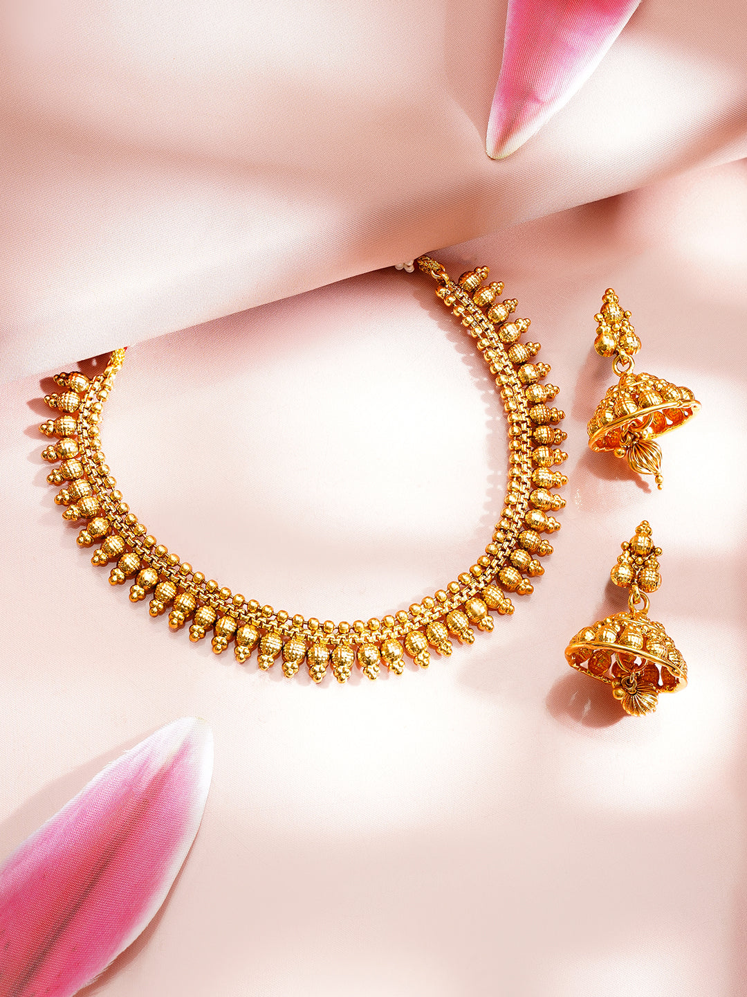【Rubans】 Gold Plated Traditional Drop Bead Necklace Set with Jhumkas｜ゴールドメッキ トラディショナル ドロップビーズ ネックレスセット（ジュムカ付き）
