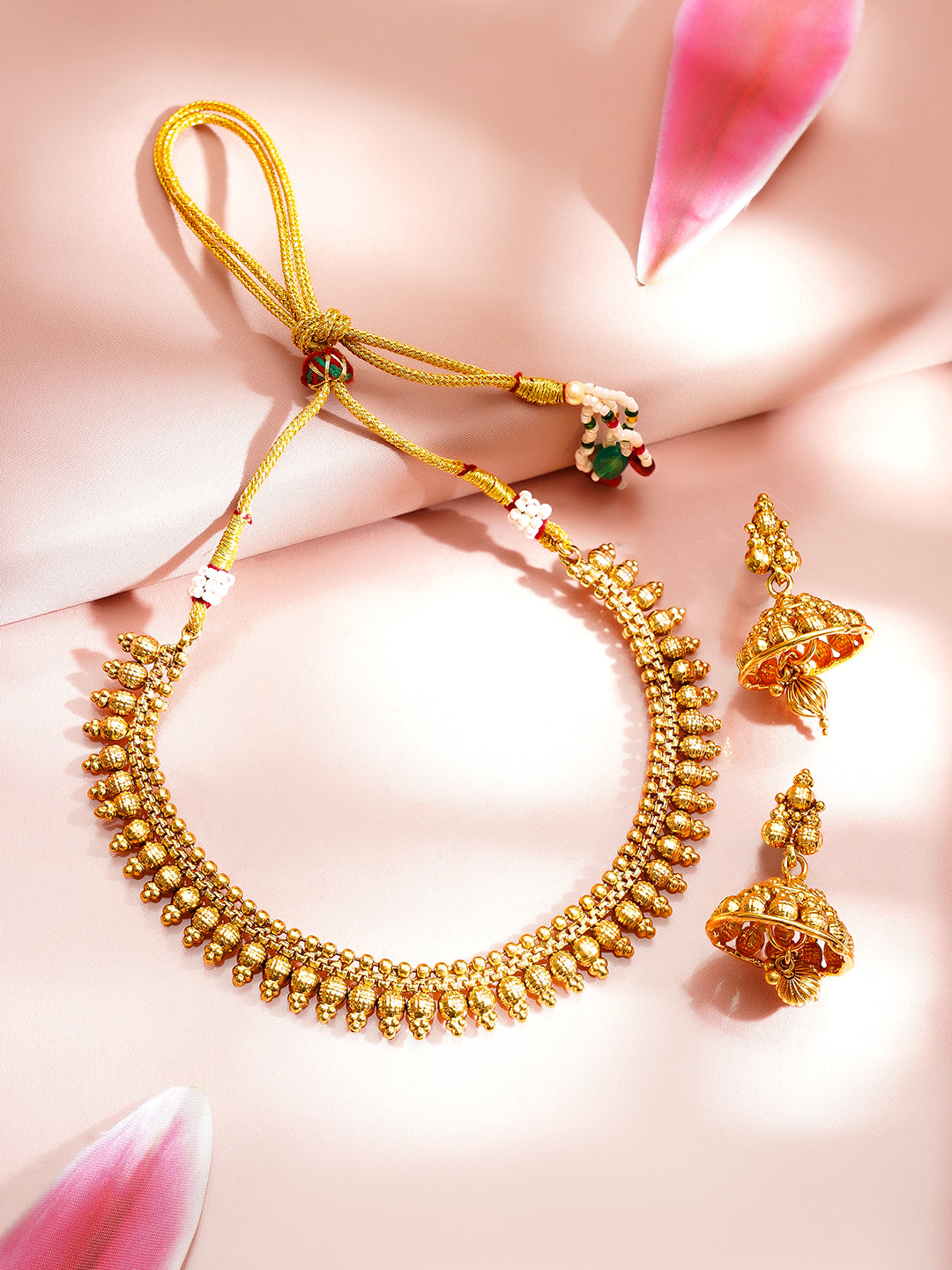 【Rubans】 Gold Plated Traditional Drop Bead Necklace Set with Jhumkas｜ゴールドメッキ トラディショナル ドロップビーズ ネックレスセット（ジュムカ付き）