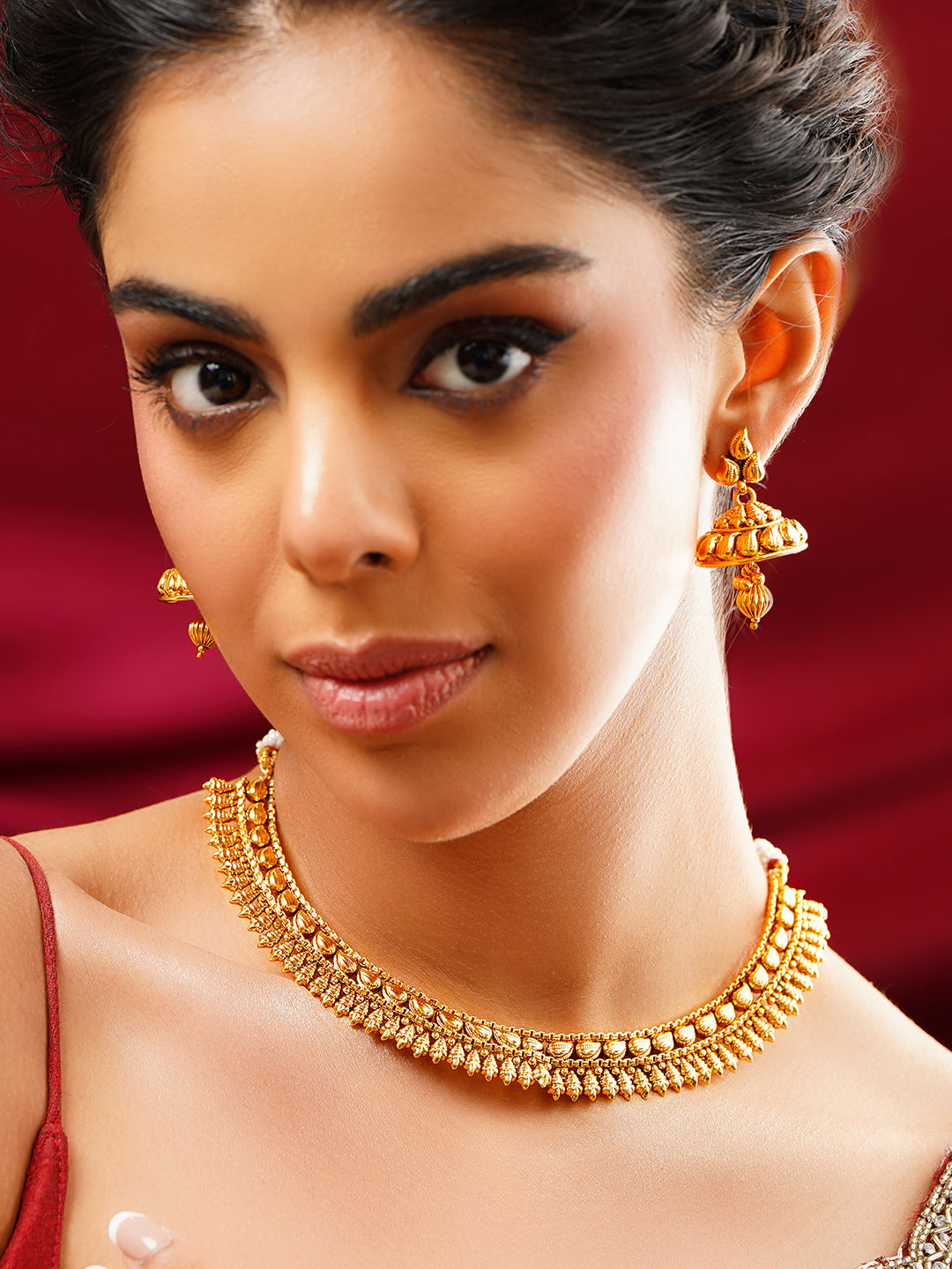 【Rubans】 Gold Plated Traditional Fringe Necklace Set with Jhumkas｜ゴールドメッキ トラディショナル フリンジ ネックレスセット（ジュムカ付き）