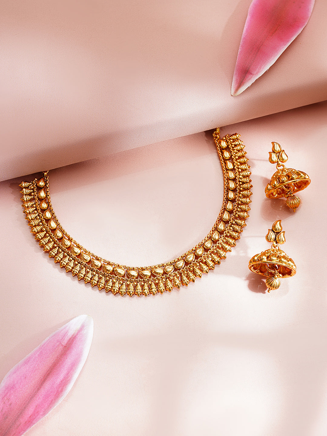 【Rubans】 Gold Plated Traditional Fringe Necklace Set with Jhumkas｜ゴールドメッキ トラディショナル フリンジ ネックレスセット（ジュムカ付き）