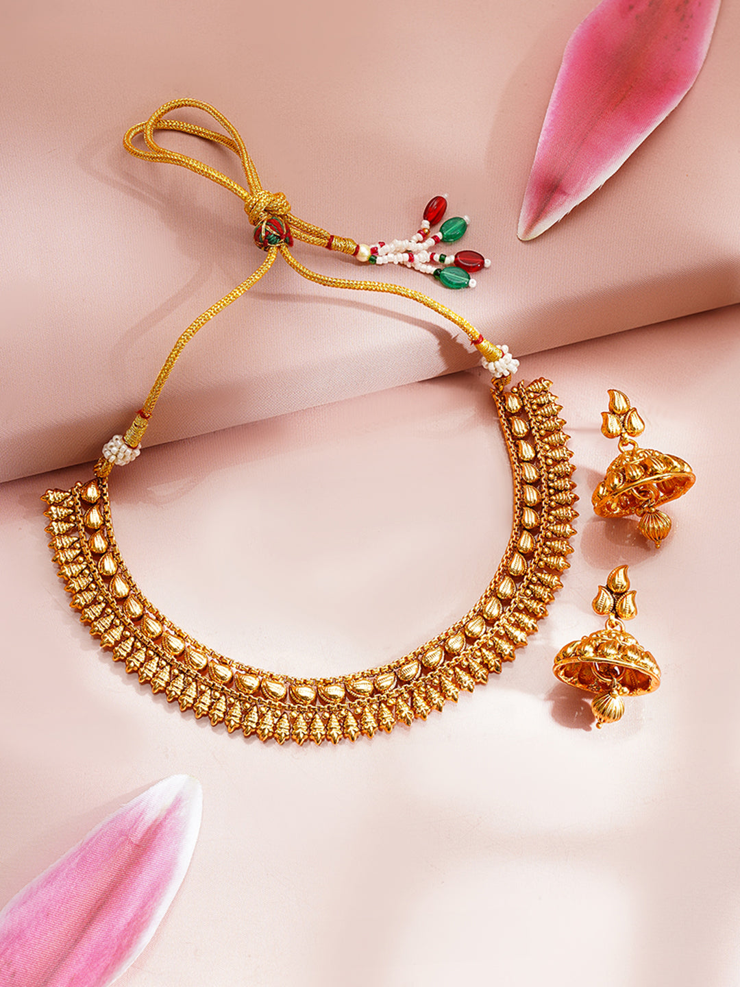 【Rubans】 Gold Plated Traditional Fringe Necklace Set with Jhumkas｜ゴールドメッキ トラディショナル フリンジ ネックレスセット（ジュムカ付き）