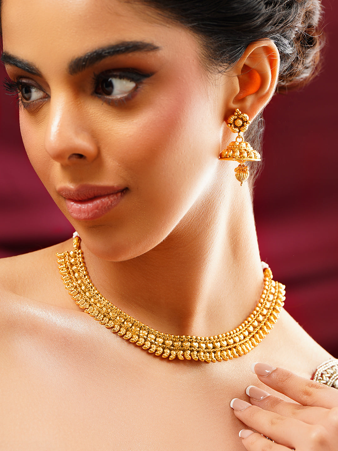 【Rubans】 Gold Plated Traditional Beaded Necklace Set with Jhumkas｜ゴールドメッキ トラディショナル ビーズ ネックレスセット（ジュムカ付き）