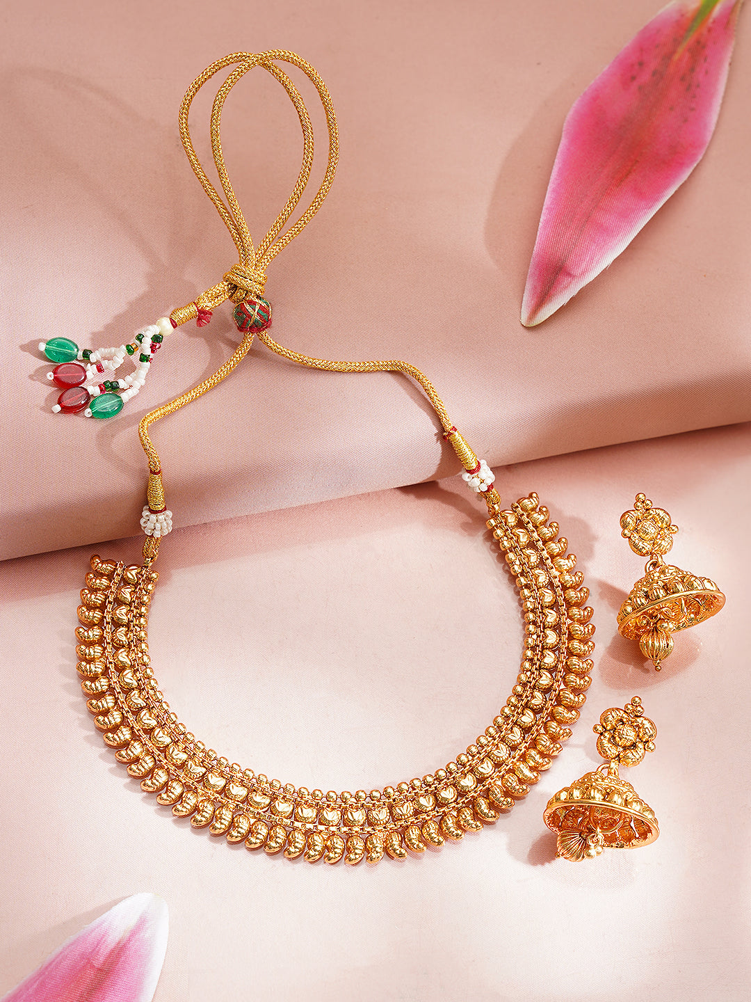 【Rubans】 Gold Plated Traditional Beaded Necklace Set with Jhumkas｜ゴールドメッキ トラディショナル ビーズ ネックレスセット（ジュムカ付き）