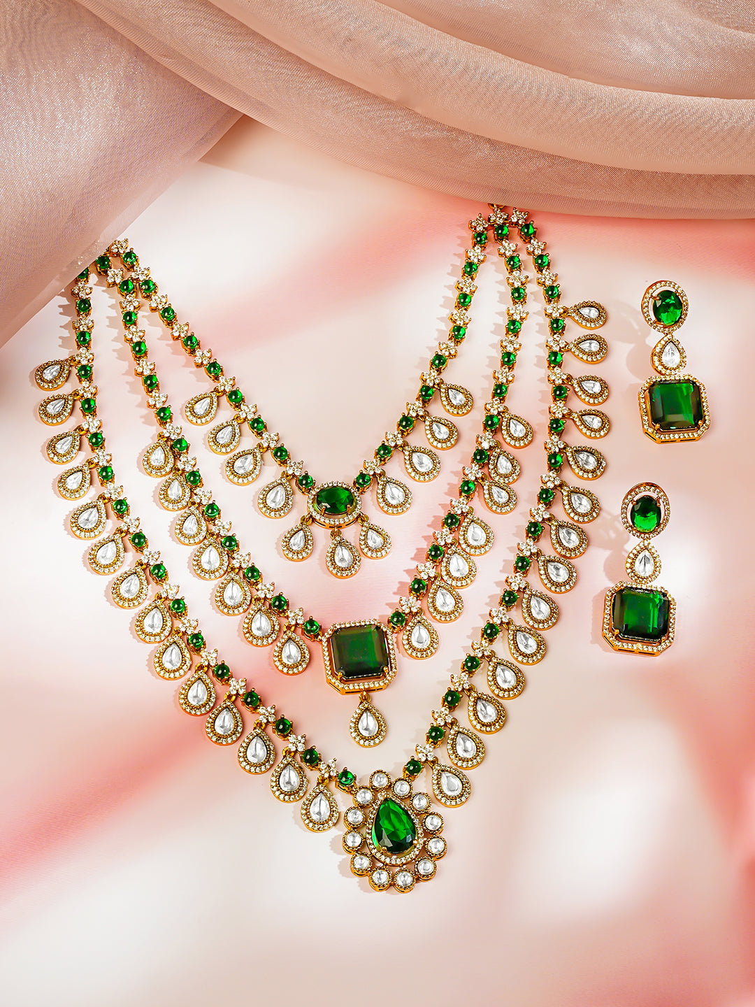 【Rubans】 Gold Plated Teardrop Layered Emerald Necklace Set｜ゴールドメッキ ティアドロップ レイヤード エメラルド ネックレスセット