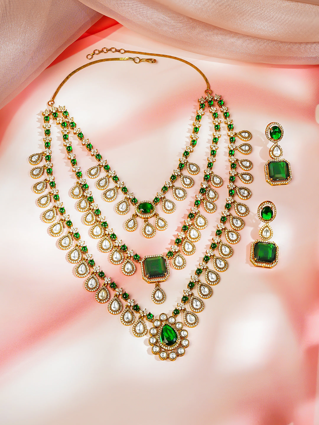 【Rubans】 Gold Plated Teardrop Layered Emerald Necklace Set｜ゴールドメッキ ティアドロップ レイヤード エメラルド ネックレスセット
