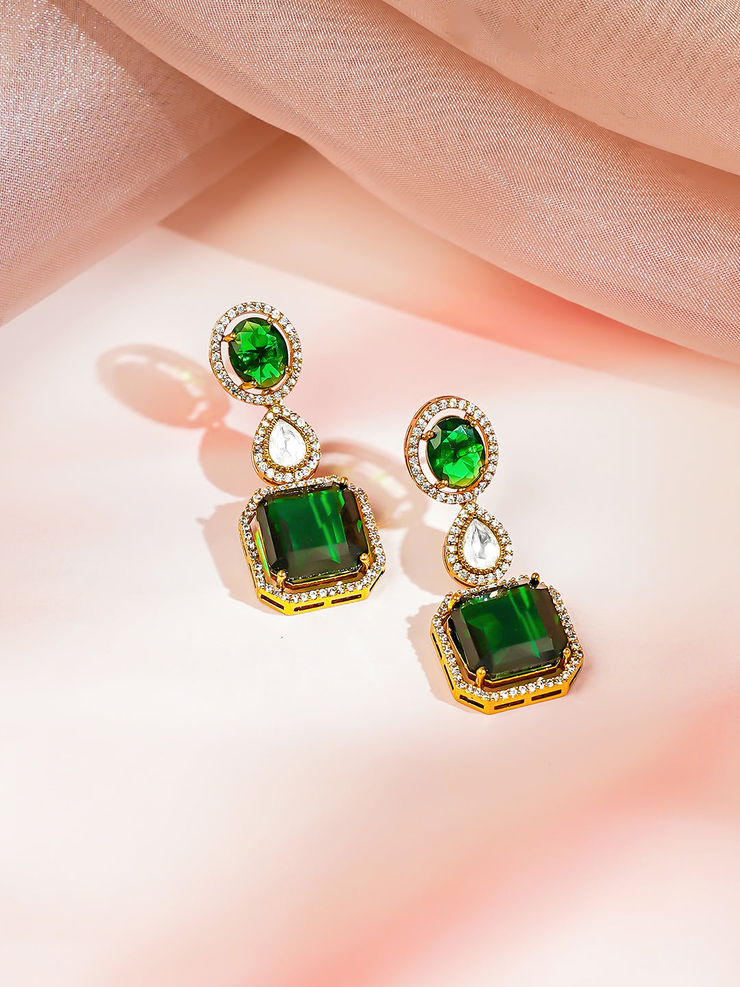 【Rubans】 Gold Plated Teardrop Layered Emerald Necklace Set｜ゴールドメッキ ティアドロップ レイヤード エメラルド ネックレスセット