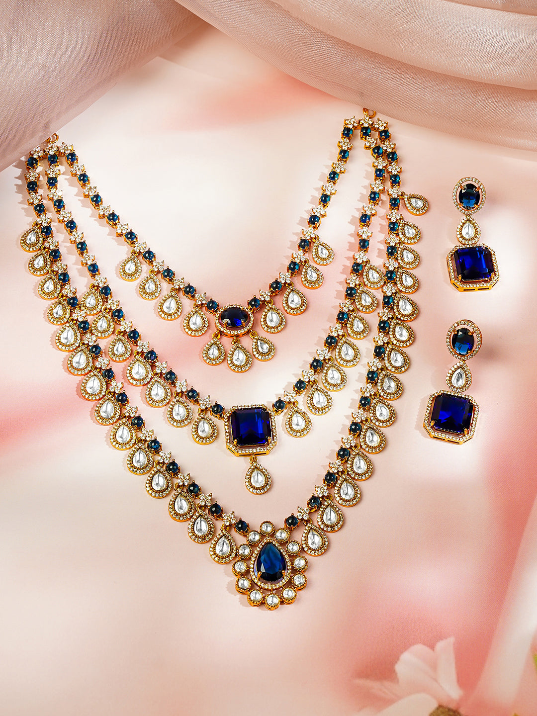 【Rubans】 Gold Plated Teardrop Layered Blue Sapphire Necklace Set｜ゴールドメッキ ティアドロップ レイヤード ブルーサファイアカラー ネックレスセット