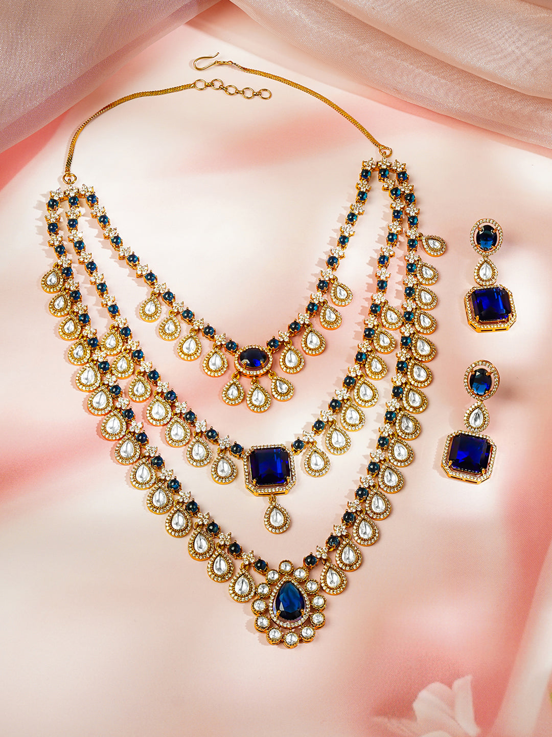 【Rubans】 Gold Plated Teardrop Layered Blue Sapphire Necklace Set｜ゴールドメッキ ティアドロップ レイヤード ブルーサファイアカラー ネックレスセット
