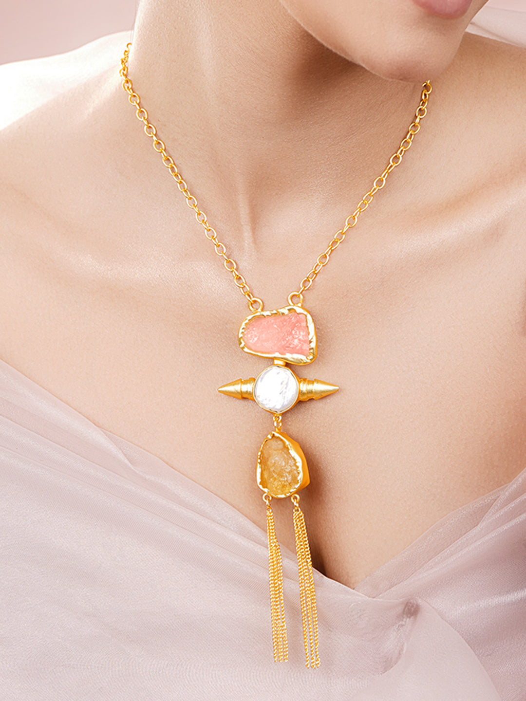 Semi Precious Gemstone Tassel Pendant Necklace フリーサイズ