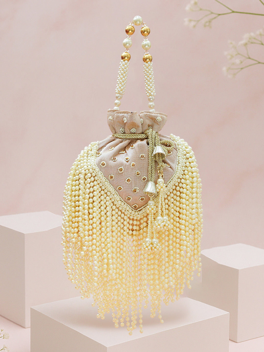Beige Pearl Embellished Potli Bag フリーサイズ