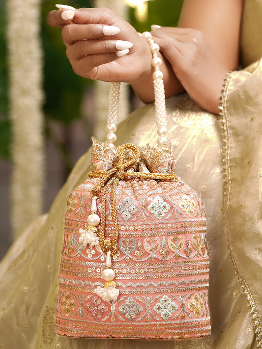 Peach Pink Embroidered Bridal Potli Bag with Pearl Handle フリーサイズ