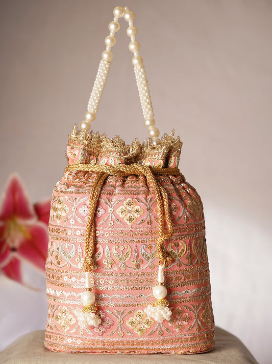 Peach Pink Embroidered Bridal Potli Bag with Pearl Handle フリーサイズ