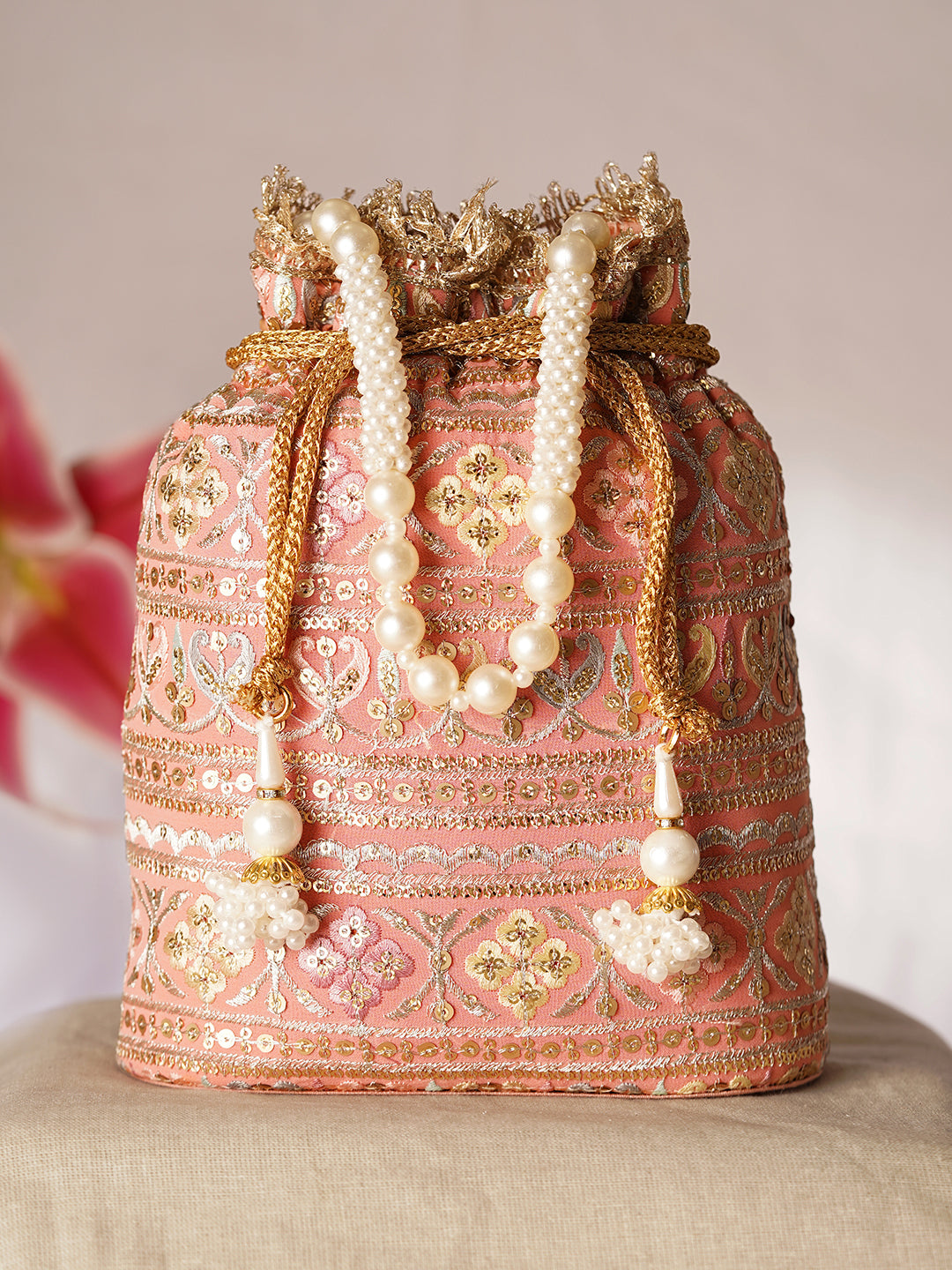 Peach Pink Embroidered Bridal Potli Bag with Pearl Handle フリーサイズ