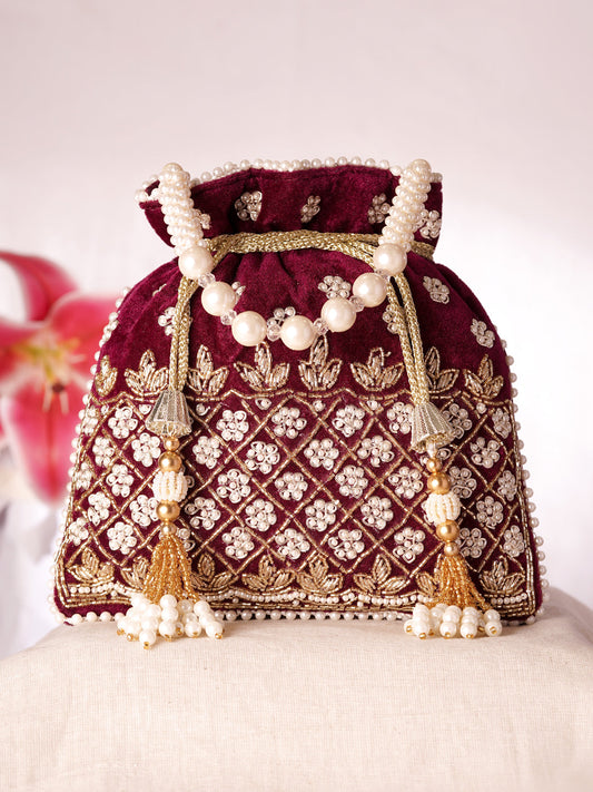 Royal Maroon Velvet Embroidered Bridal Potli Bag with Pearl Handle フリーサイズ