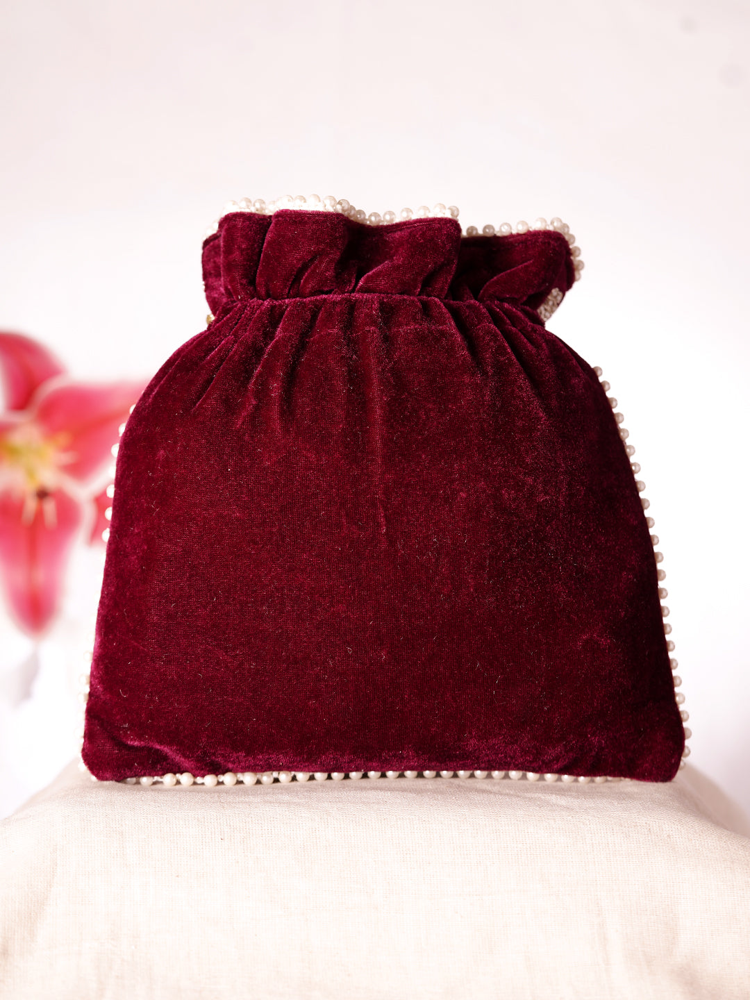 Royal Maroon Velvet Embroidered Bridal Potli Bag with Pearl Handle フリーサイズ