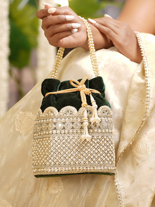 Deep Green Velvet Pearl Lattice Potli Bag フリーサイズ