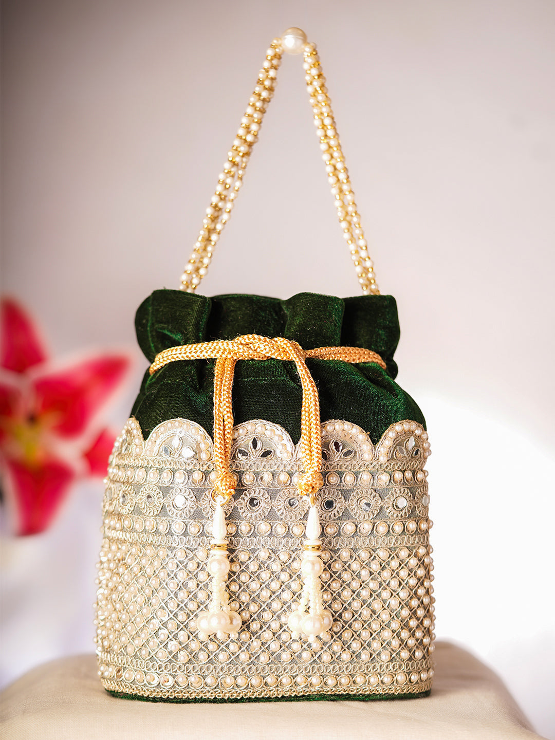 Deep Green Velvet Pearl Lattice Potli Bag フリーサイズ