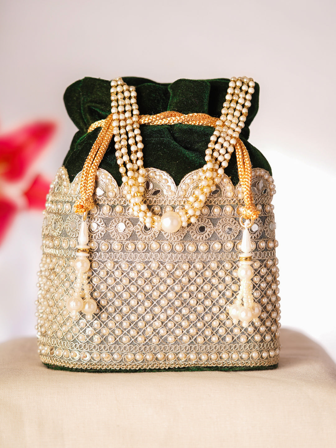 Deep Green Velvet Pearl Lattice Potli Bag フリーサイズ