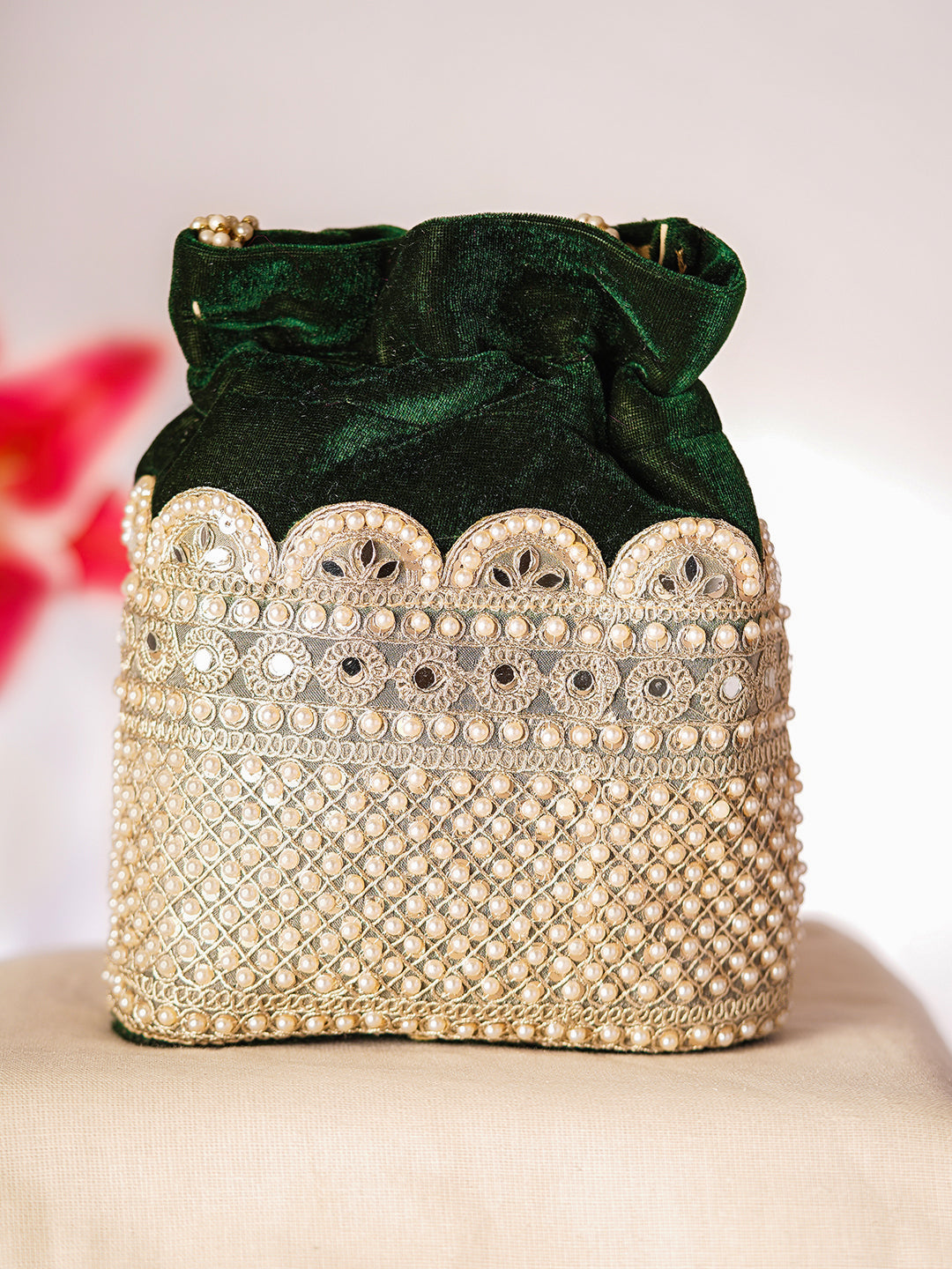 Deep Green Velvet Pearl Lattice Potli Bag フリーサイズ