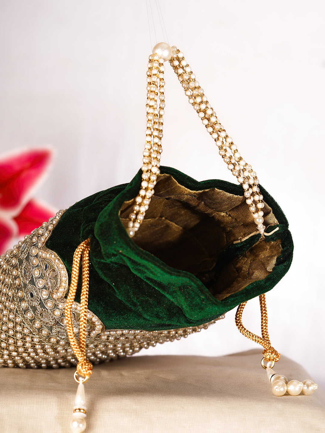 Deep Green Velvet Pearl Lattice Potli Bag フリーサイズ