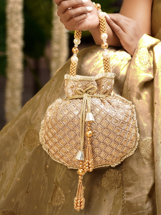 Regal Golden Beige Handcrafted Potli Bag フリーサイズ