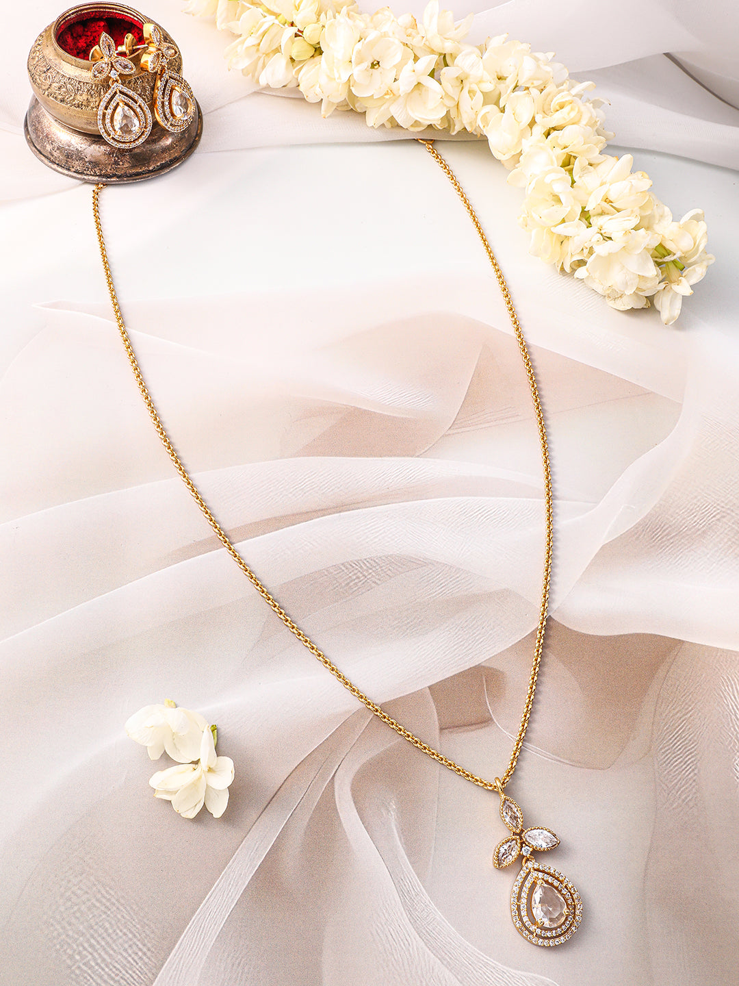 Rubans 22K Gold-Plated Grey Stone and White Cubic Zirconia Studded Pendant Jewellery Set フリーサイズ