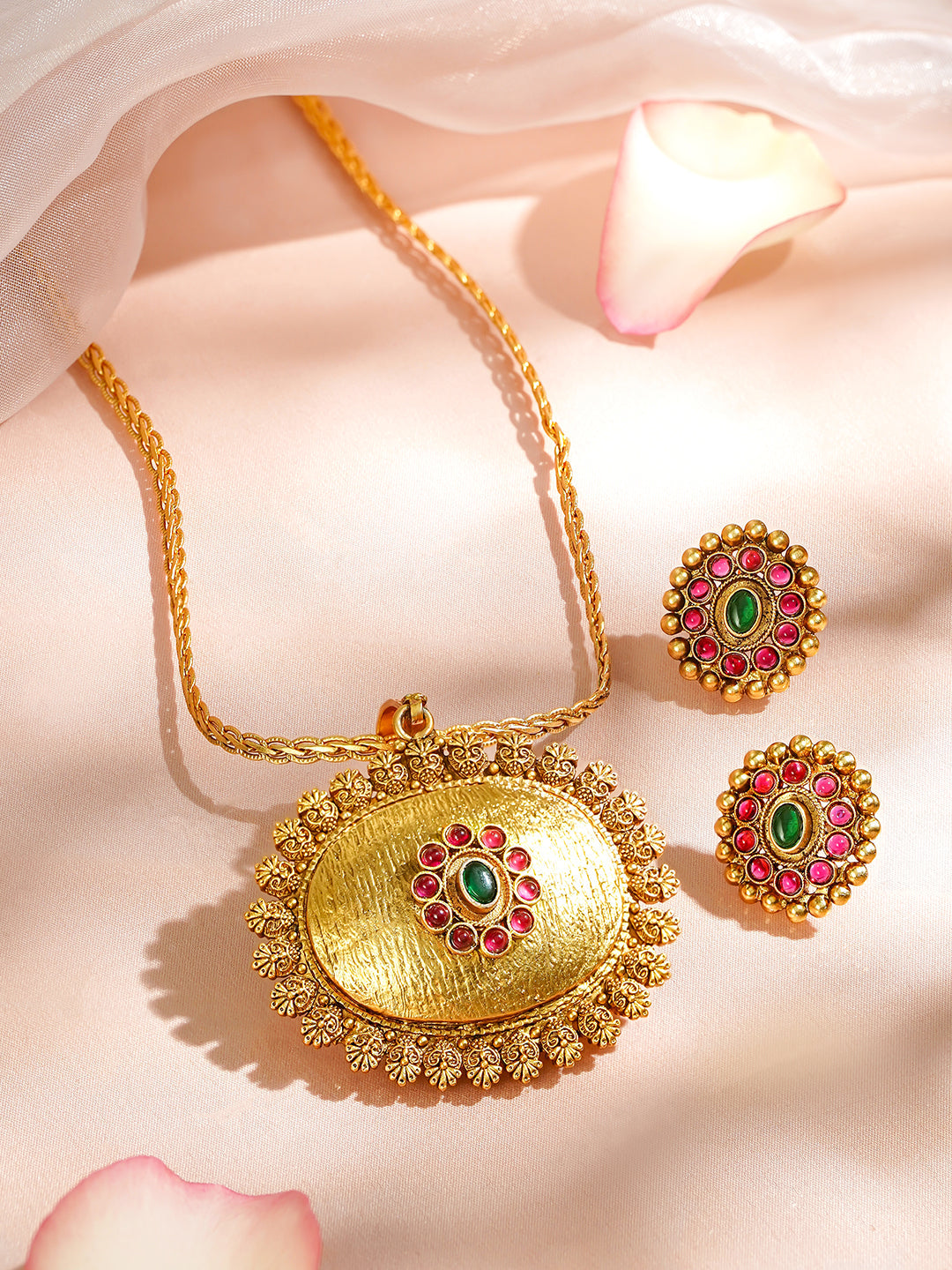 Golden Floral Red Green Studded Pendant Set フリーサイズ