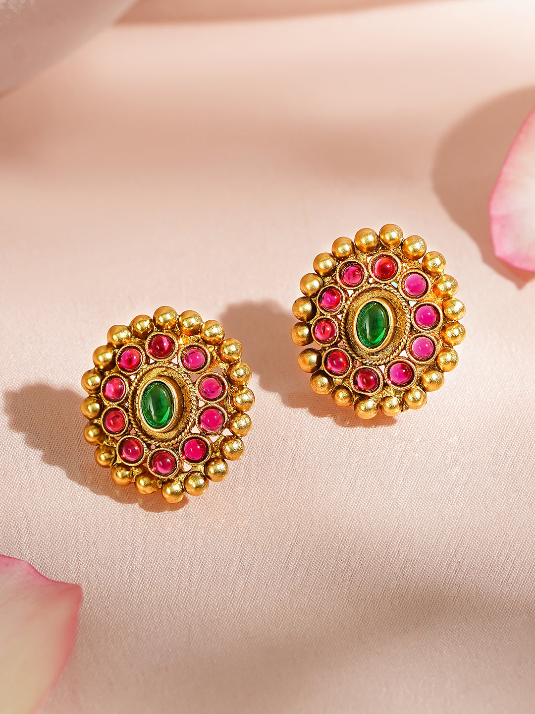 Golden Floral Red Green Studded Pendant Set フリーサイズ
