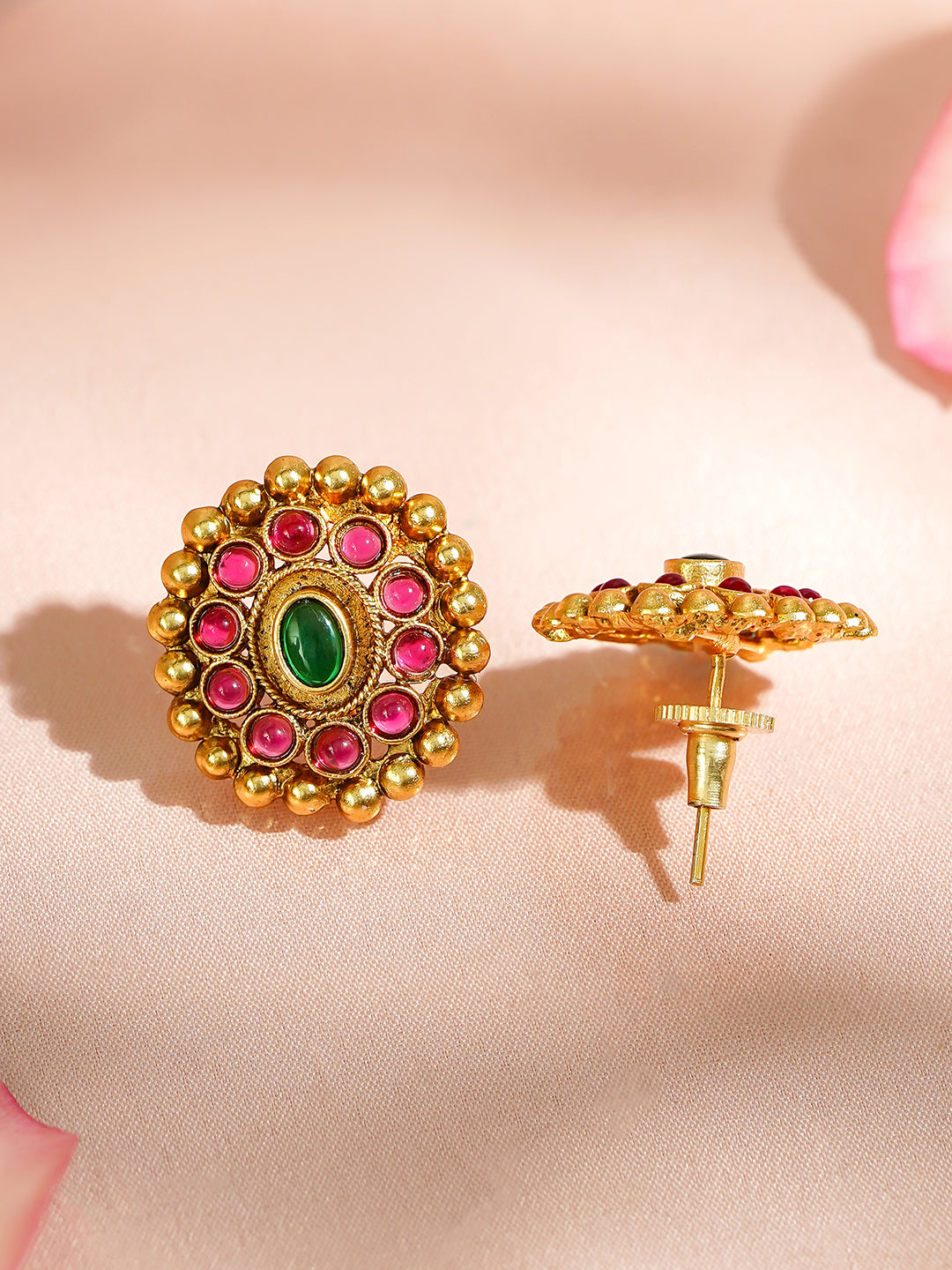 Golden Floral Red Green Studded Pendant Set フリーサイズ