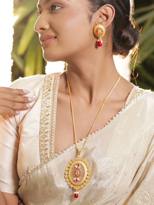 Women Gold Brass Radha Krishna 18K Gold Plated Pendant Set フリーサイズ