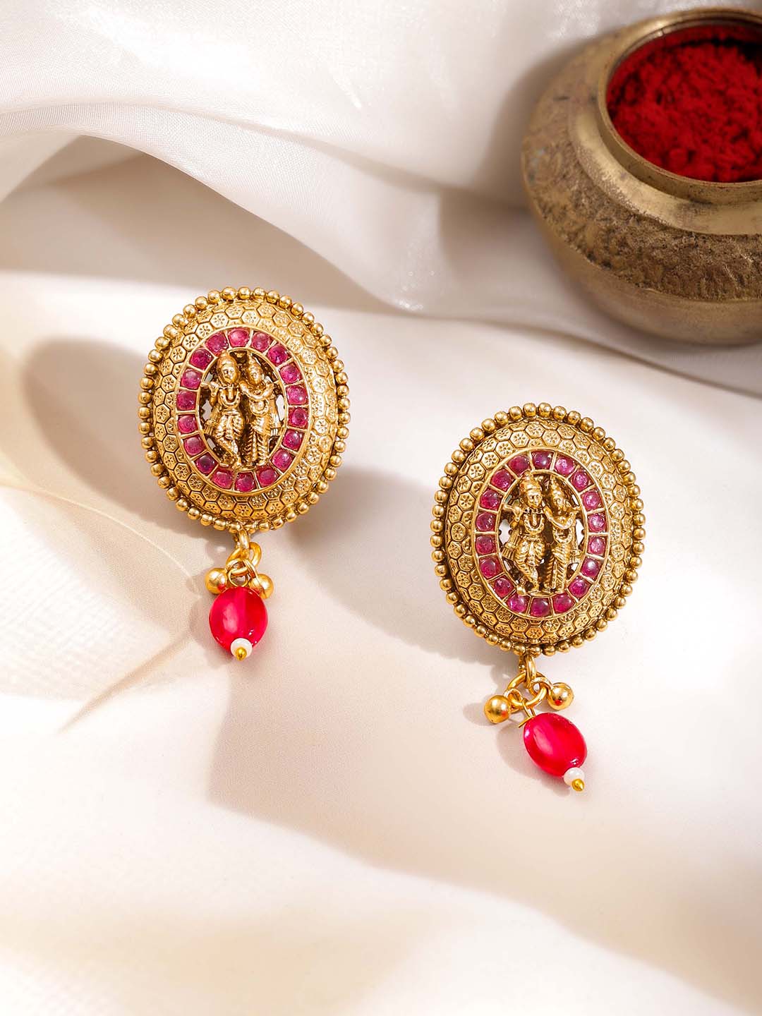 Women Gold Brass Radha Krishna 18K Gold Plated Pendant Set フリーサイズ