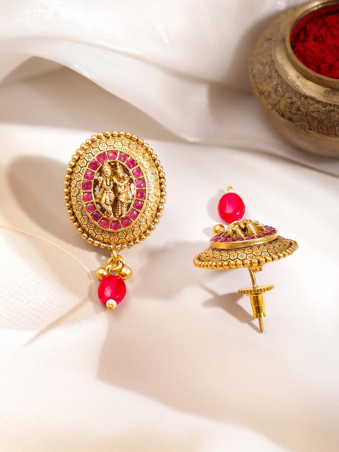 Women Gold Brass Radha Krishna 18K Gold Plated Pendant Set フリーサイズ