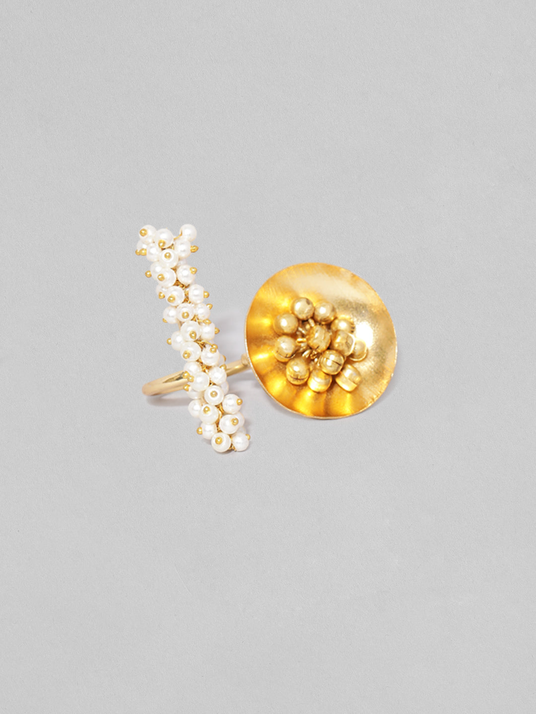 Rubans 24K Gold Plated Handcrafted Ring With Pearls, Golden Beads And Circular Design Gold