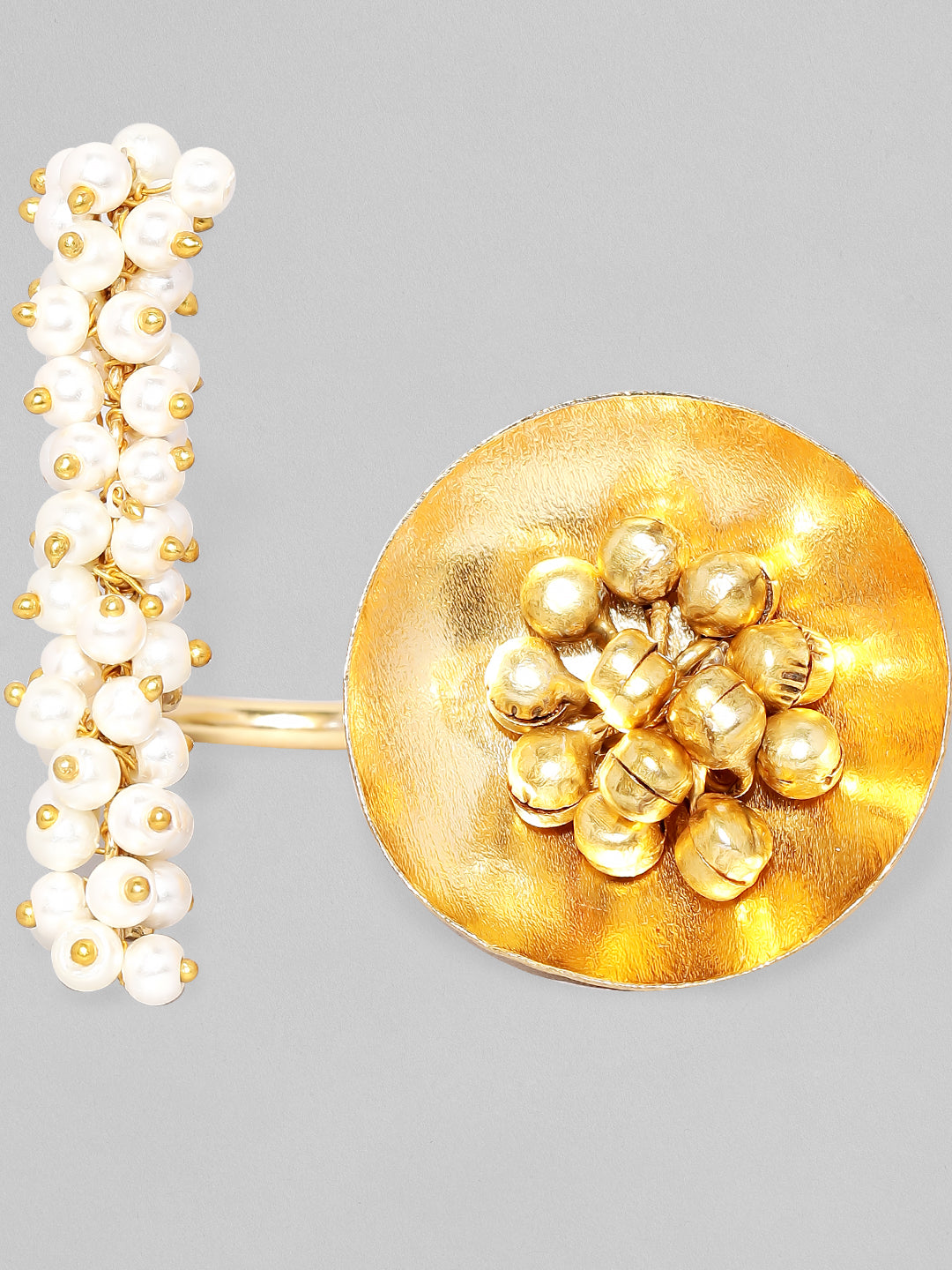 Rubans 24K Gold Plated Handcrafted Ring With Pearls, Golden Beads And Circular Design Gold