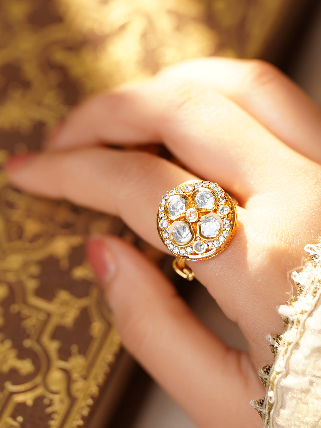 Festive Glow Kundan Adjustable Ring フリーサイズ