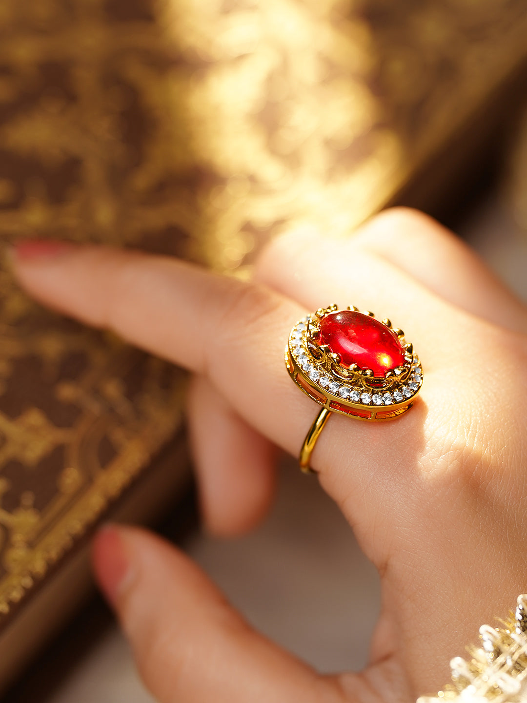 Rubans 22K Gold Plated Brass Ruby Gemstone Studded Adjustable Ring フリーサイズ